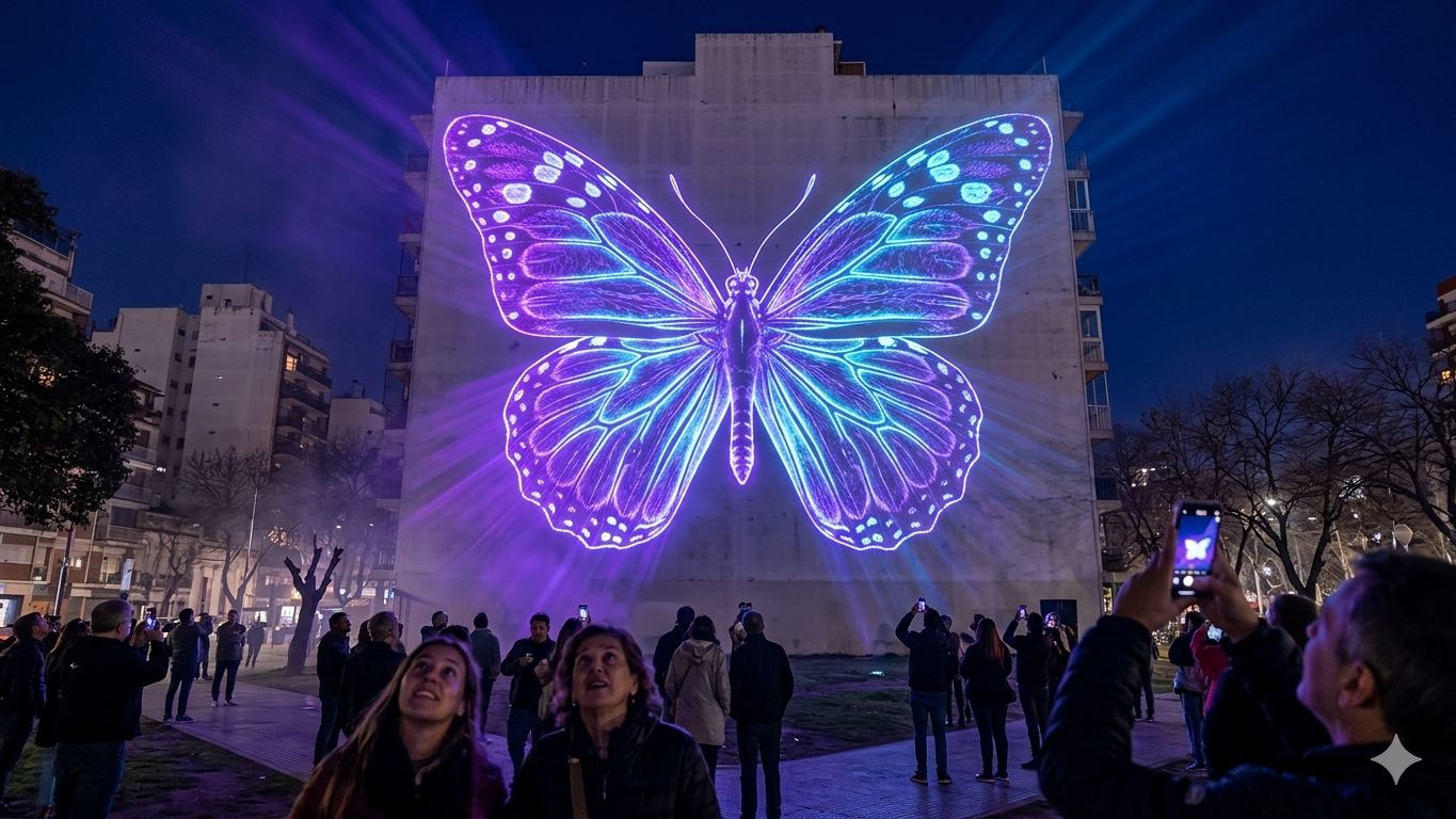 Render: mariposa lumínica sobre fachada